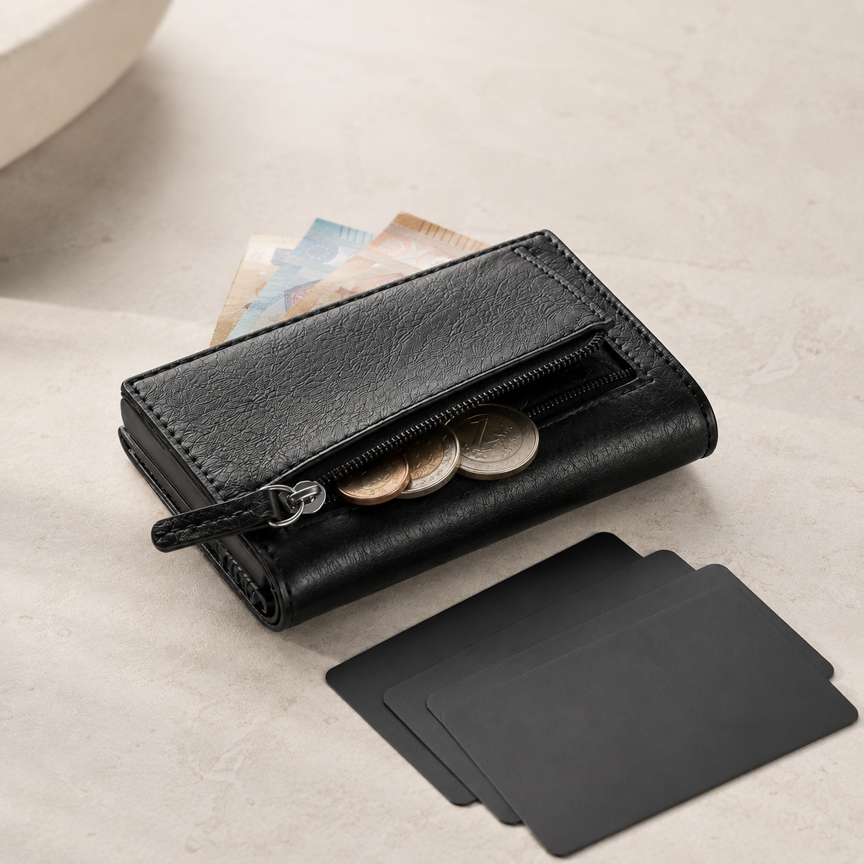 Valtory avec cartes, billets et pièces organisés
