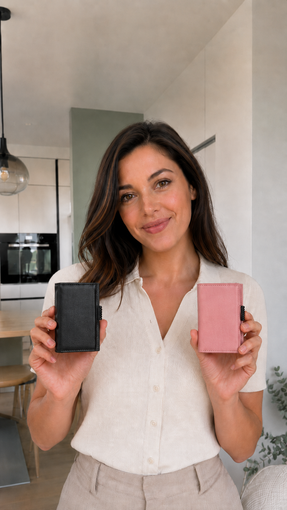 Cliente tenant deux portefeuilles Valtory noir et rose