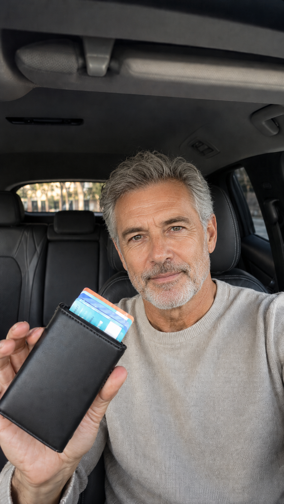 Client tenant un portefeuille Valtory avec cartes visibles
